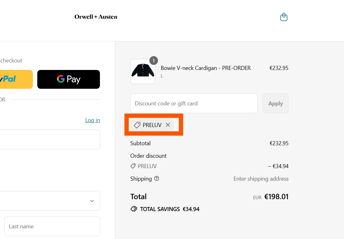 Orwell Austen discount code PRELUV verified checkout